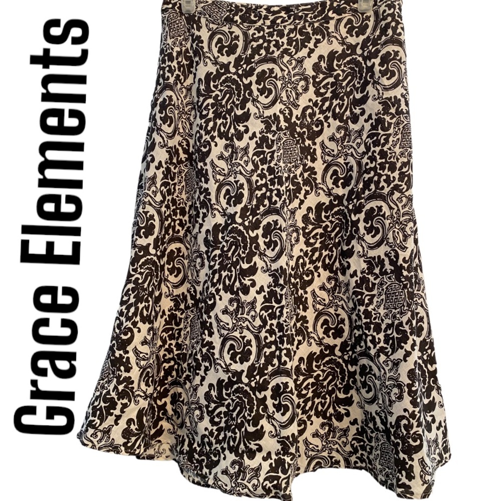 Grace Elements Floral Paisley Linen Skirt Brown & white sz 6